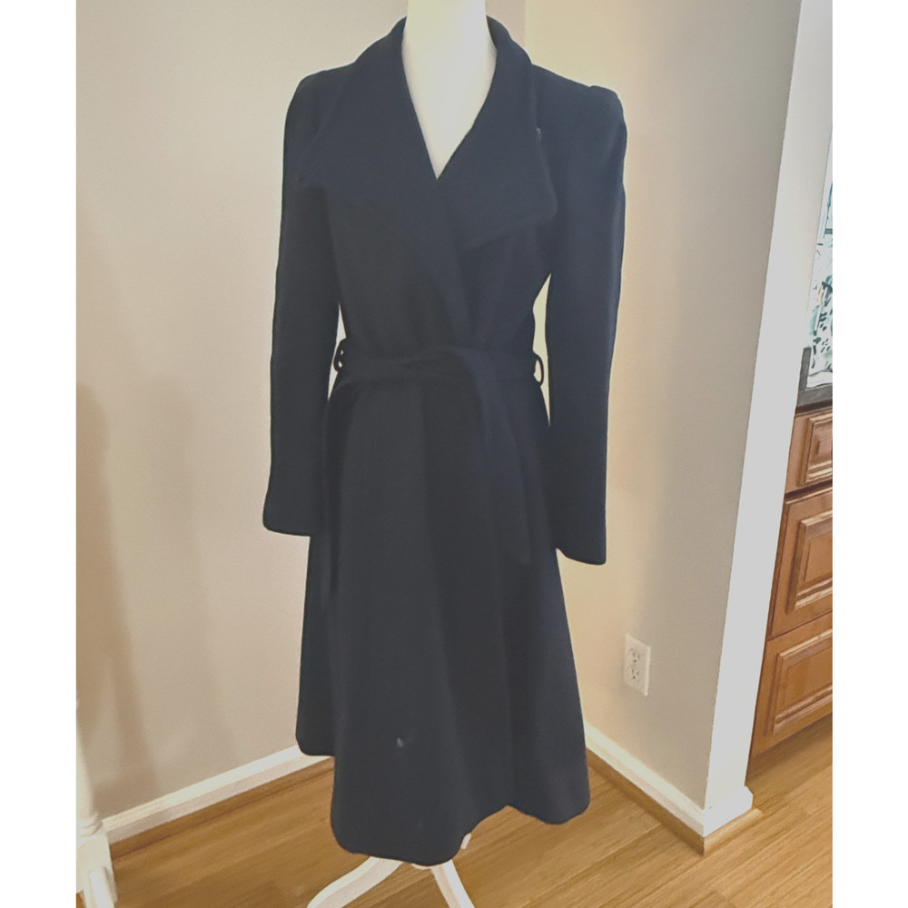 Vintage 70s J. Gallery Navy Wool Wrap Coat Puff Sleeve Belted Shawl Collar 1978